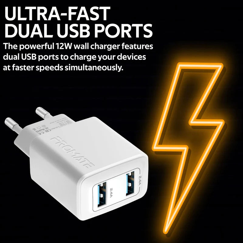 Promate Wall Charger – 12W/ Dual USB Ports/ White
