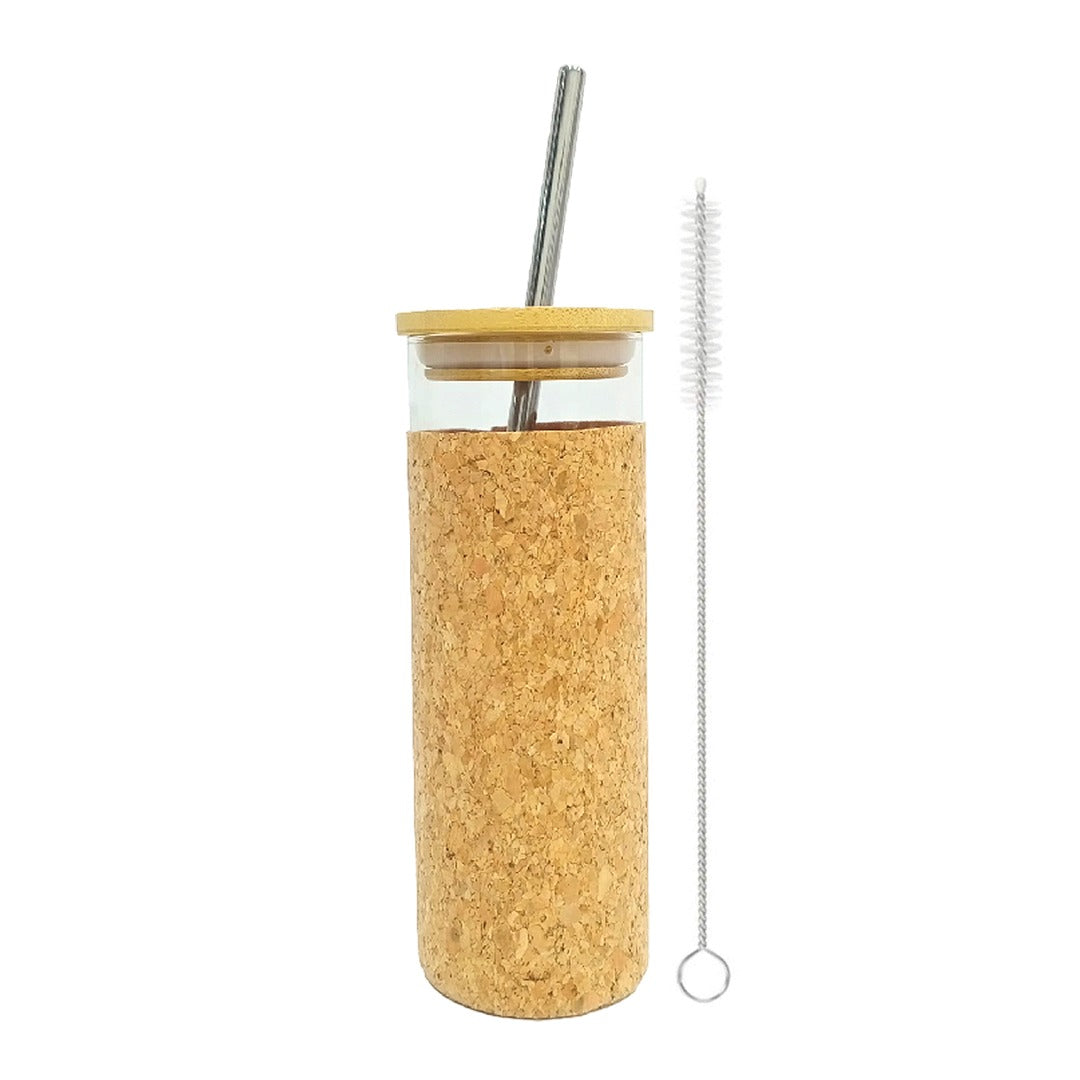 Borosilicate Glass Tumbler with Cork Sleeve - Metal Straw and Brush / 500ml