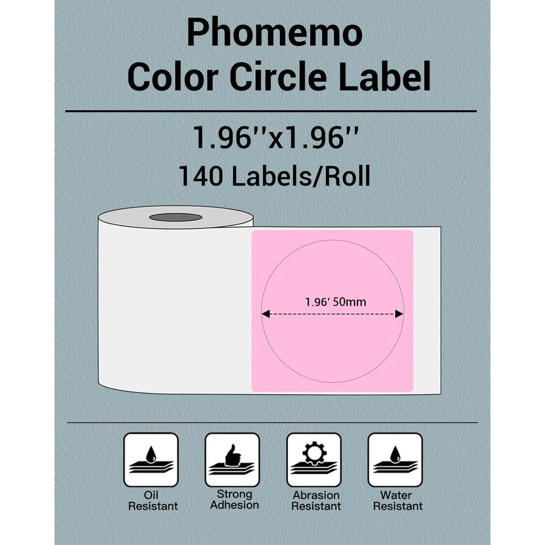 ملصقات طابعة Phomemo مقاس 50 × 50 مم ملصقات دائرية 3 ألوان - 3 لفات (140 ملصق/لكل لفة) - XP-M03 