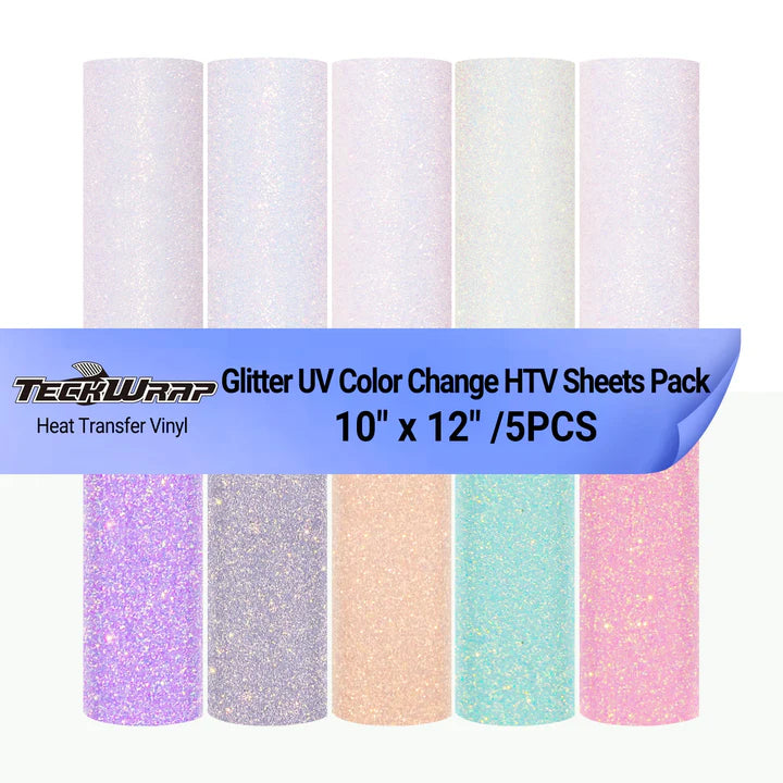 TeckWrap Glitter UV Color-Changing Heat Transfer Vinyl Sheets Pack – 5 Colors / 25.5cm x 30.5cm