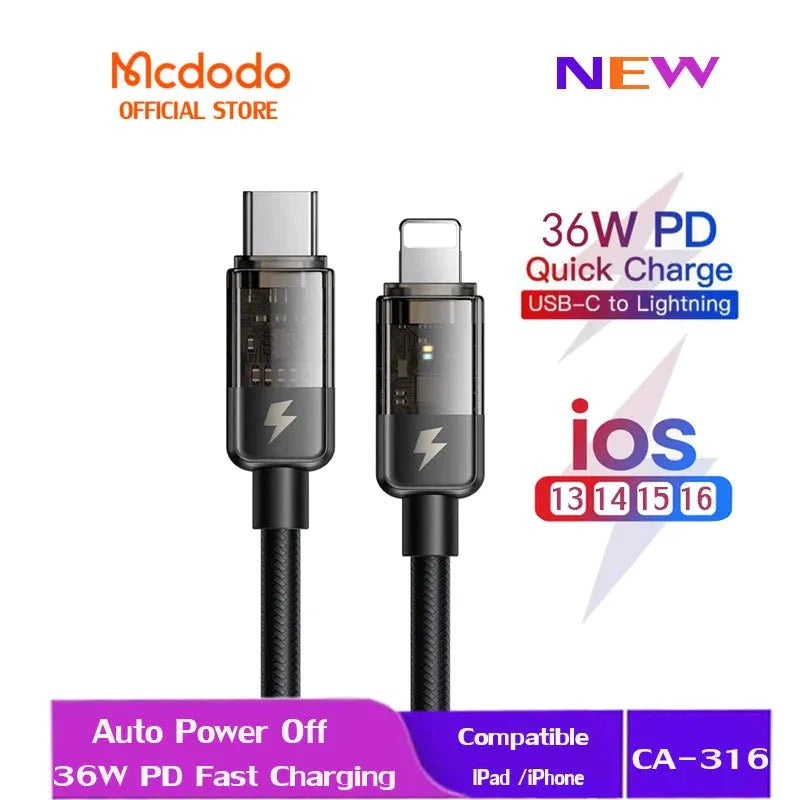 Mcdodo CA-316 1.2M 36W PD to Lightning LED Indicator Cable
