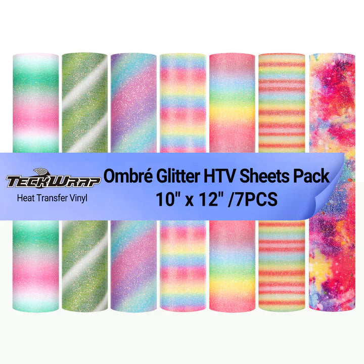 TeckWrap Ombré Glitter Heat Transfer Vinyl Sheets Pack – 7 Colors / 25.5cm x 30.5cm