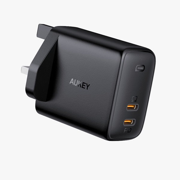 شاحن حائط Aukey ثنائي المنفذ بقدرة 65 وات PD مع تقنية GaN Power Tech - أسود