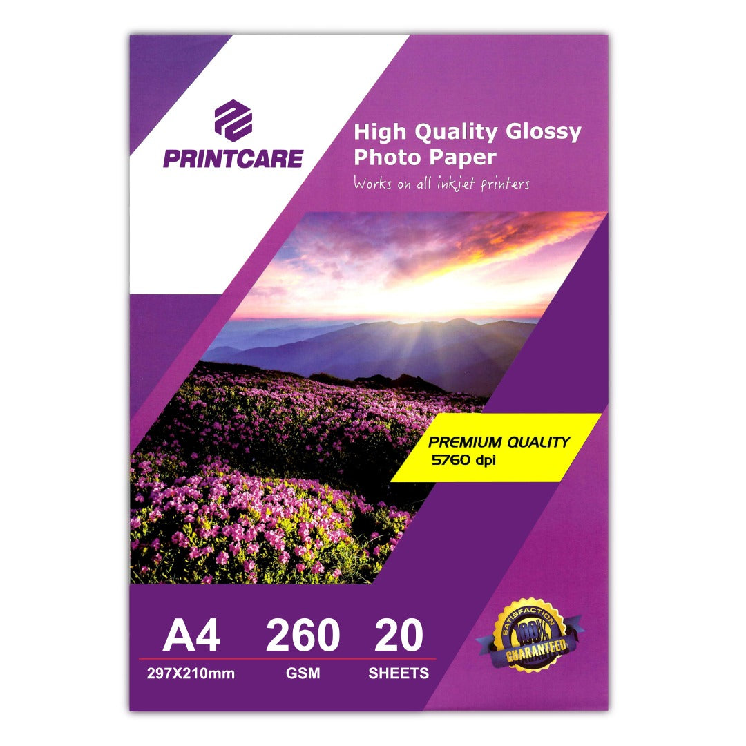Print Care Glossy Photo Paper – A4/ 20 Sheets/ 260GSM/ Inkjet Printer