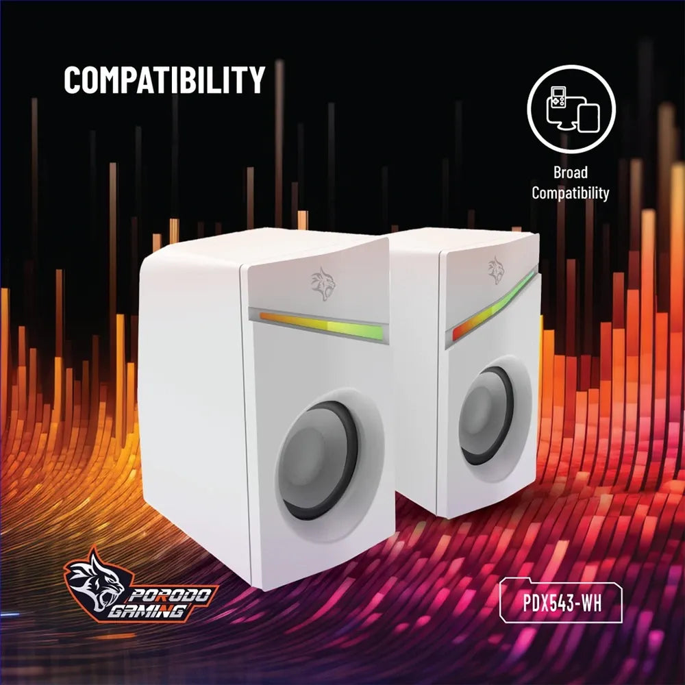Porodo Gaming Stereo Speakers Volume Knob Control - White | IT Care Kuwait