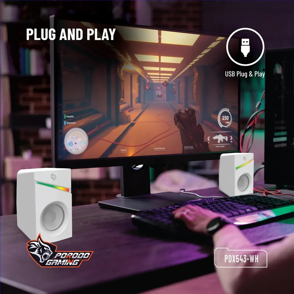 Porodo Gaming Stereo Speakers Volume Knob Control - White | IT Care Kuwait
