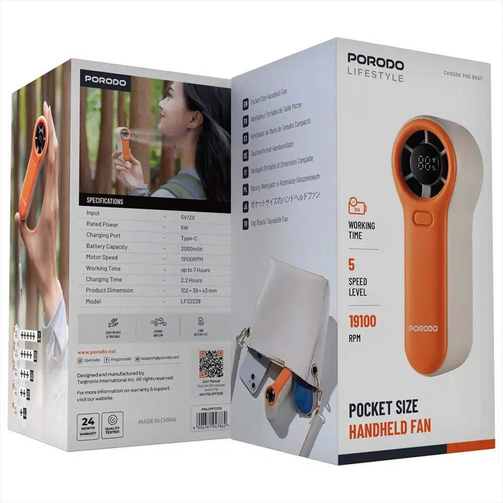 Porodo Lifestyle Pocket Size Handheld Fan with Battery Display - White/Orange | IT Care Kuwait