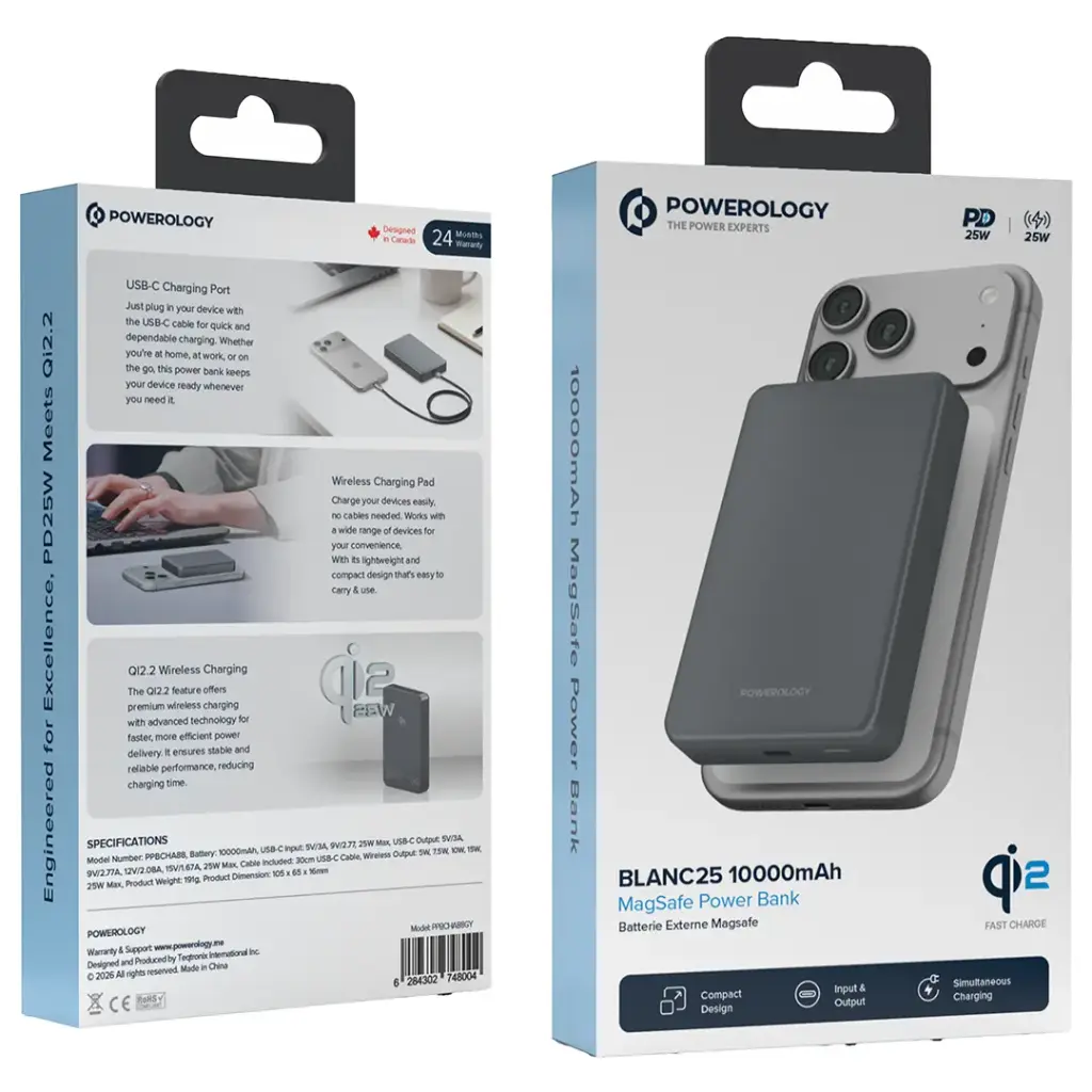 Powerology Blanc25 10000mAh MagSafe Power Bank - Grey | IT Care Kuwait