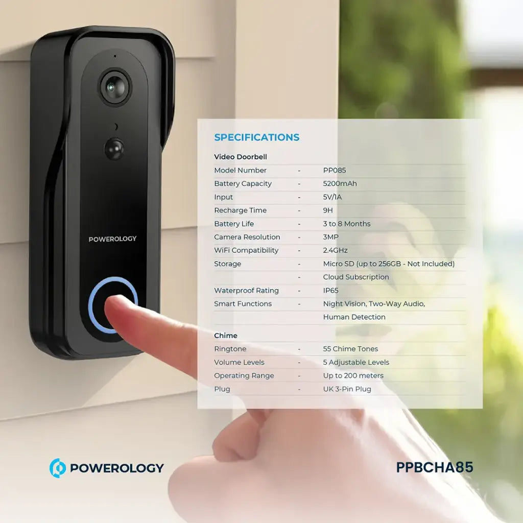 Powerology Smart Doorbell Camera with Chime - Black | IT Care Kuwait