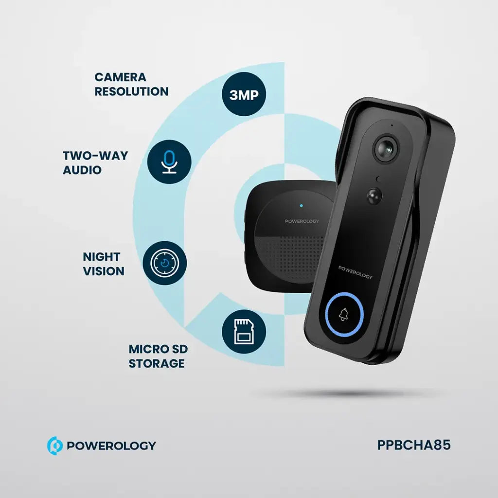 Powerology Smart Doorbell Camera with Chime - Black | IT Care Kuwait