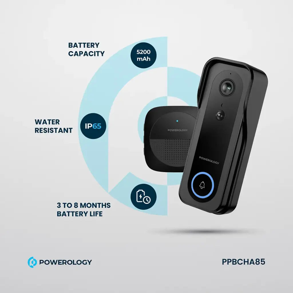 Powerology Smart Doorbell Camera with Chime - Black | IT Care Kuwait