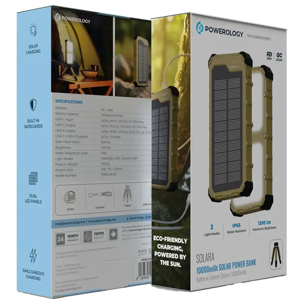 Powerology Solara Solar Power Bank with Dual LED Panels - Khaki | IT Care Kuwait