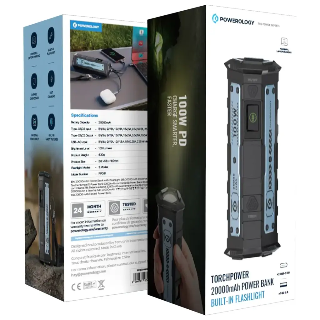 Powerology TorchPower 20000mAh Power Bank with Built-In Flashlight - Black | IT Care Kuwait