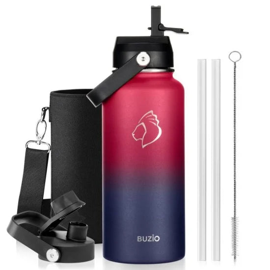 Buzio Duet Series Stainless Steel Water Bottle with 2 Lids and Sleeve 1.2L - Ruby Red Navy | IT Care Kuwait
