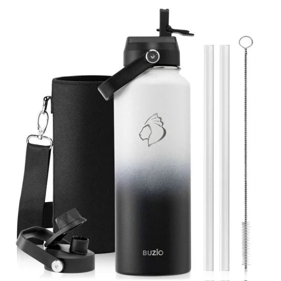Buzio Duet Series Stainless Steel Water Bottle with 2 Lids and Sleeve 1.2L - Black White | IT Care Kuwait