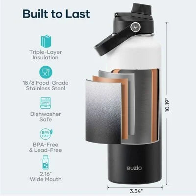 Buzio Duet Series Stainless Steel Water Bottle with 2 Lids and Sleeve 1.2L - Black White | IT Care Kuwait