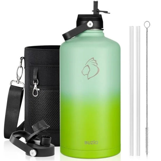 Buzio Duet Series Stainless Steel Gallon Water Bottle with 2 Lids and Sleeve 3.8L - Gradient Green | IT Care Kuwait