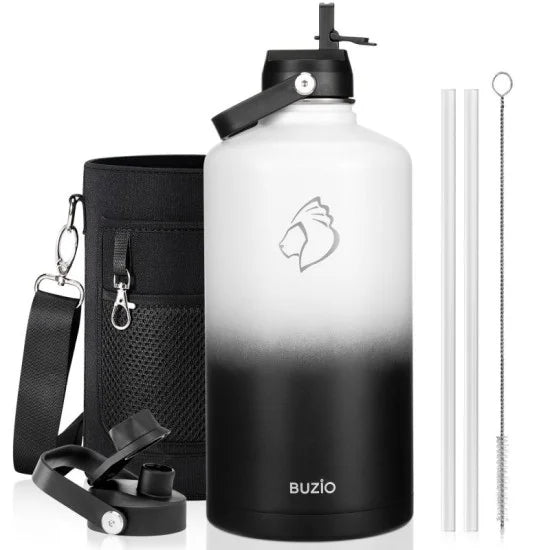 Buzio Duet Series Stainless Steel Gallon Water Bottle with 2 Lids and Sleeve 3.8L - Black White | IT Care Kuwait