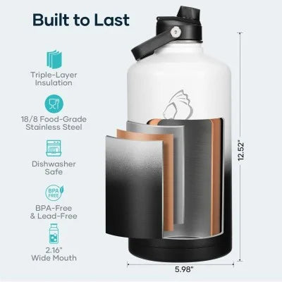 Buzio Duet Series Stainless Steel Gallon Water Bottle with 2 Lids and Sleeve 3.8L - Black White | IT Care Kuwait