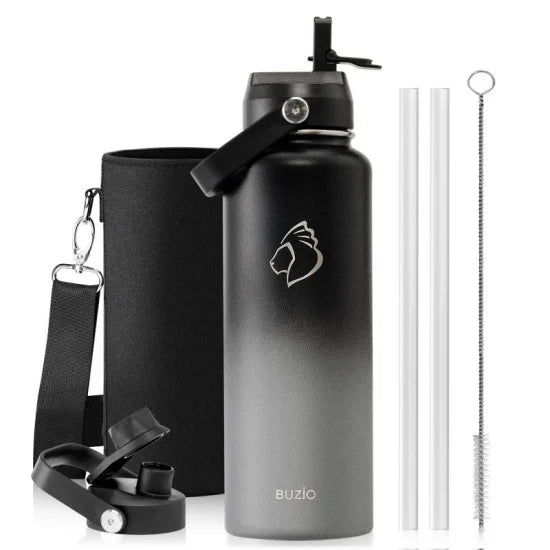 Buzio Duet Series Stainless Steel Water Bottle with 2 Lids and Sleeve 1.2L - Shadow | IT Care Kuwait