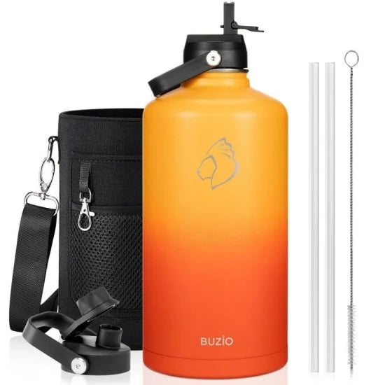 Buzio Duet Series Stainless Steel Gallon Water Bottle with 2 Lids and Sleeve 3.8L - Yellow Orange | IT Care Kuwait