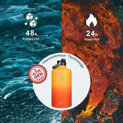 Buzio Duet Series Stainless Steel Gallon Water Bottle with 2 Lids and Sleeve 3.8L - Yellow Orange | IT Care Kuwait