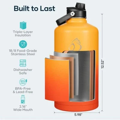 Buzio Duet Series Stainless Steel Gallon Water Bottle with 2 Lids and Sleeve 3.8L - Yellow Orange | IT Care Kuwait