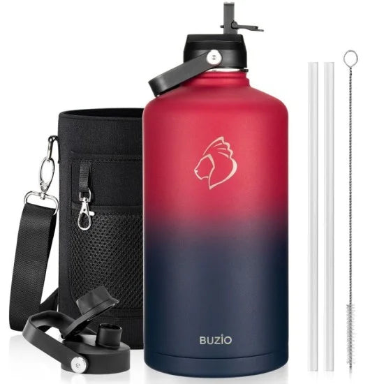 Buzio Duet Series Stainless Steel Gallon Water Bottle with 2 Lids and Sleeve 3.8L - Ruby Red Navy | IT Care Kuwait