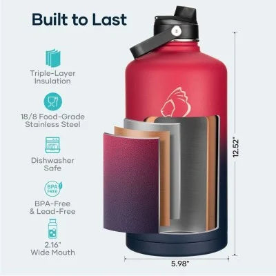Buzio Duet Series Stainless Steel Gallon Water Bottle with 2 Lids and Sleeve 3.8L - Ruby Red Navy | IT Care Kuwait