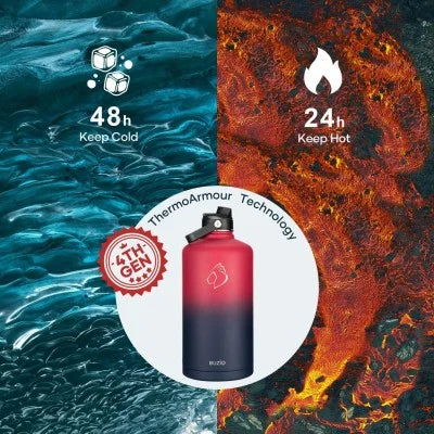 Buzio Duet Series Stainless Steel Gallon Water Bottle with 2 Lids and Sleeve 3.8L - Ruby Red Navy | IT Care Kuwait