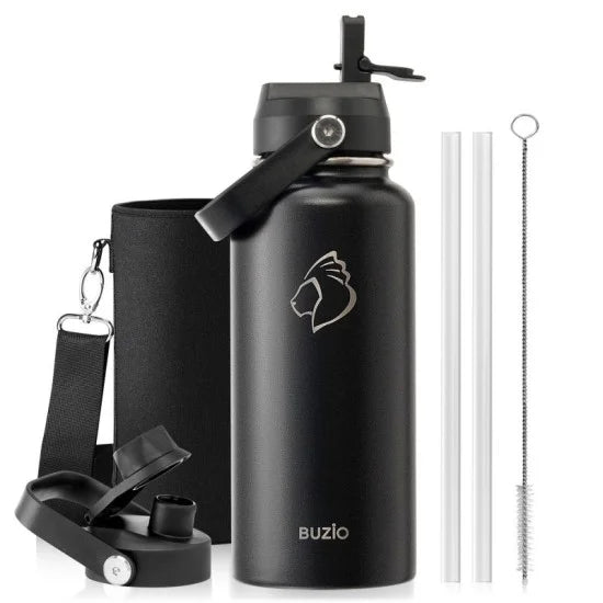 Buzio Duet Series Stainless Steel Water Bottle with 2 Lids and Sleeve 1.2L - Black | IT Care Kuwait