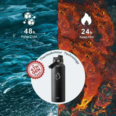 Buzio Duet Series Stainless Steel Water Bottle with 2 Lids and Sleeve 1.2L - Black | IT Care Kuwait