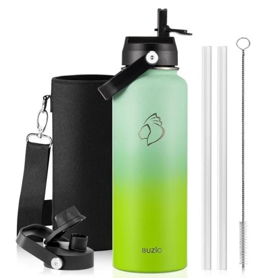 Buzio Duet Series Stainless Steel Water Bottle with 2 Lids and Sleeve 1.2L - Gradient Green | IT Care Kuwait
