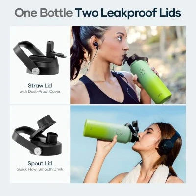 Buzio Duet Series Stainless Steel Water Bottle with 2 Lids and Sleeve 1.2L - Gradient Green | IT Care Kuwait