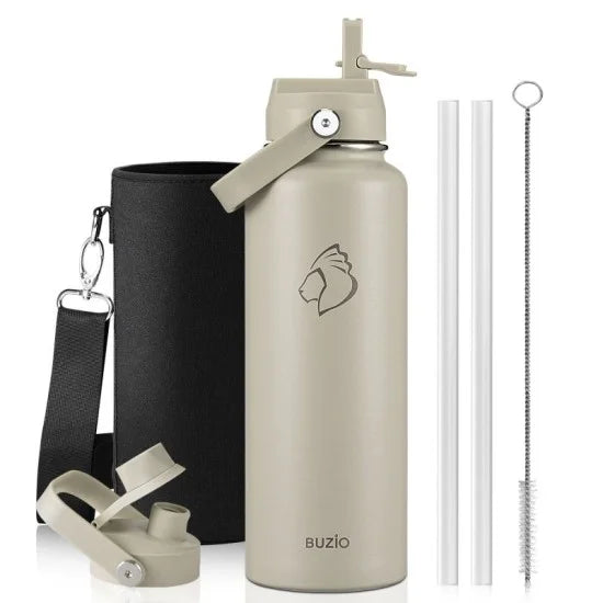 Buzio Duet Series Stainless Steel Water Bottle with 2 Lids and Sleeve 1.2L - Beige | IT Care Kuwait