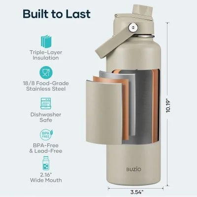 Buzio Duet Series Stainless Steel Water Bottle with 2 Lids and Sleeve 1.2L - Beige | IT Care Kuwait