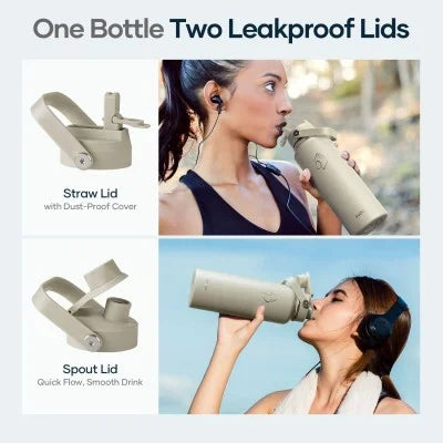 Buzio Duet Series Stainless Steel Water Bottle with 2 Lids and Sleeve 1.2L - Beige | IT Care Kuwait