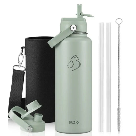Buzio Duet Series Stainless Steel Water Bottle with 2 Lids and Sleeve 1.2L - Green | IT Care Kuwait