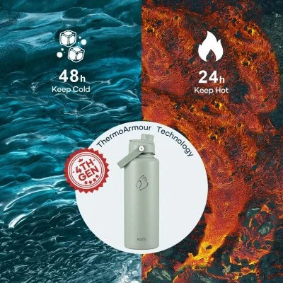 Buzio Duet Series Stainless Steel Water Bottle with 2 Lids and Sleeve 1.2L - Green | IT Care Kuwait