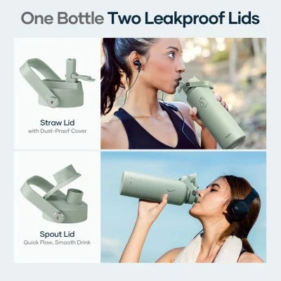 Buzio Duet Series Stainless Steel Water Bottle with 2 Lids and Sleeve 1.2L - Green | IT Care Kuwait