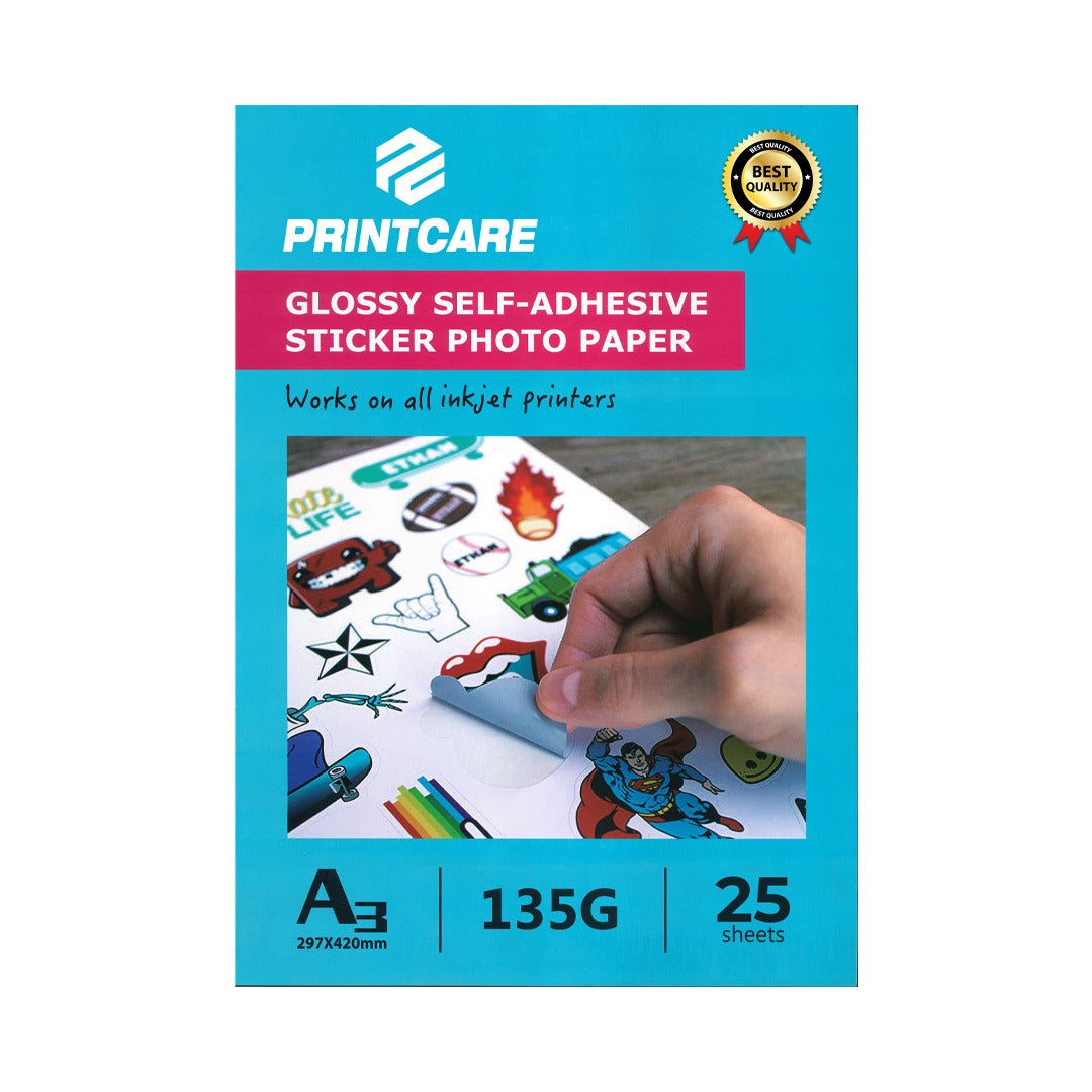 Print Care Glossy Sticker Photo Paper – A3/ 50 Sheets/ 135GSM/ Inkjet Printer