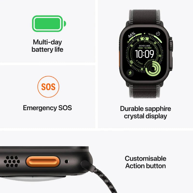 Apple Watch Ultra 3 - LTPO OLED / 64GB / 49mm / Bluetooth / Wi - Fi / Cellular / Medium/Large / Black Titanium Case with Black/Charcoal Trail LoopIT CareApple Watches