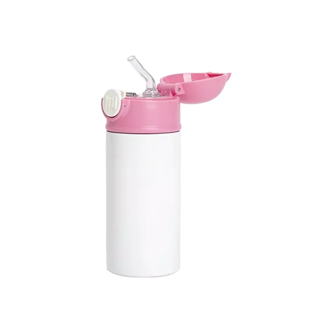 BestSub 12oz/360ml Sublimation Kids Stainless Steel Water Bottle with Plastic Straw & Pink Cap - WhiteIT CareBottles