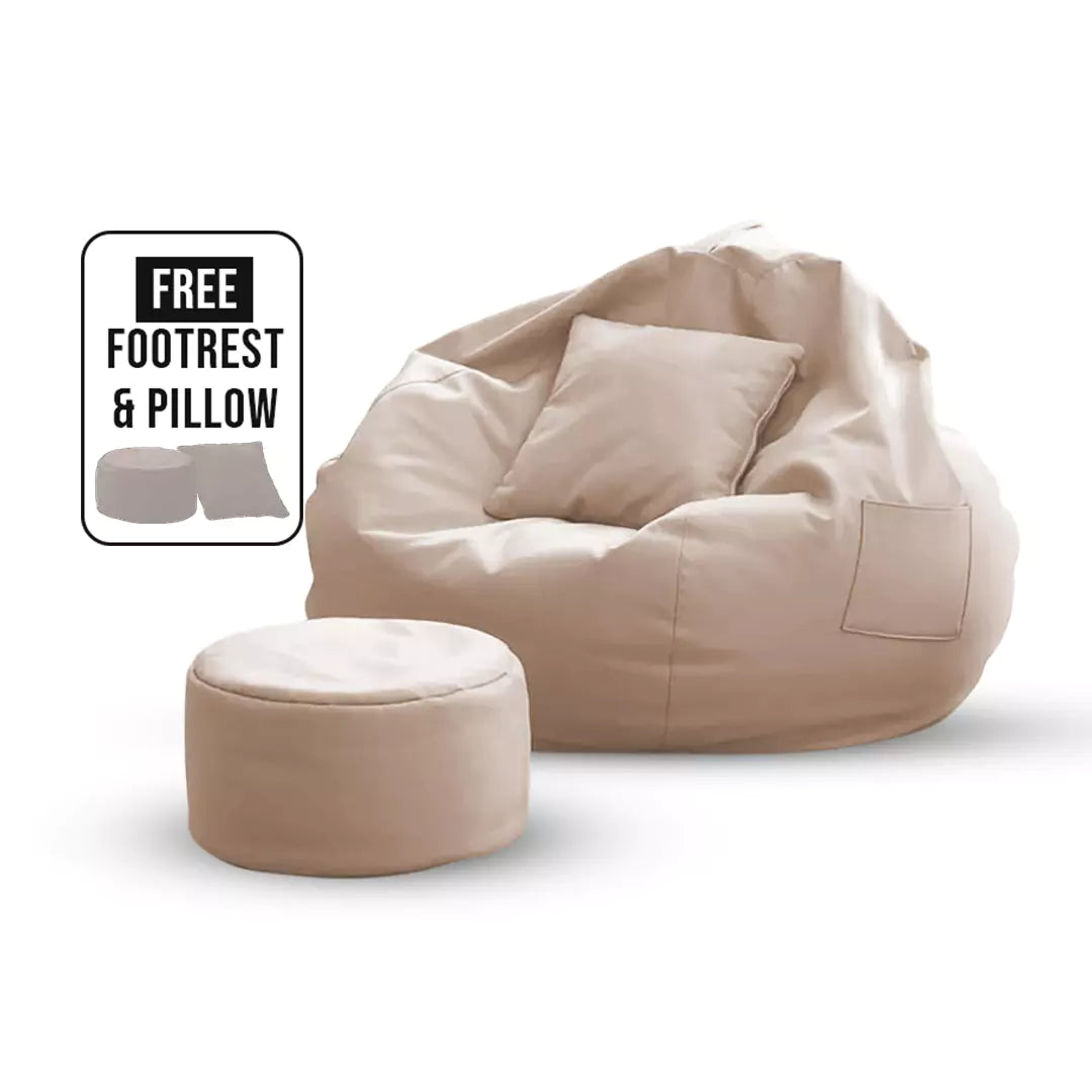 Premium Quality Faux Leather Bean Bag with Side Pocket - Biege / Free Beans Included / Free Footrest and Pillow