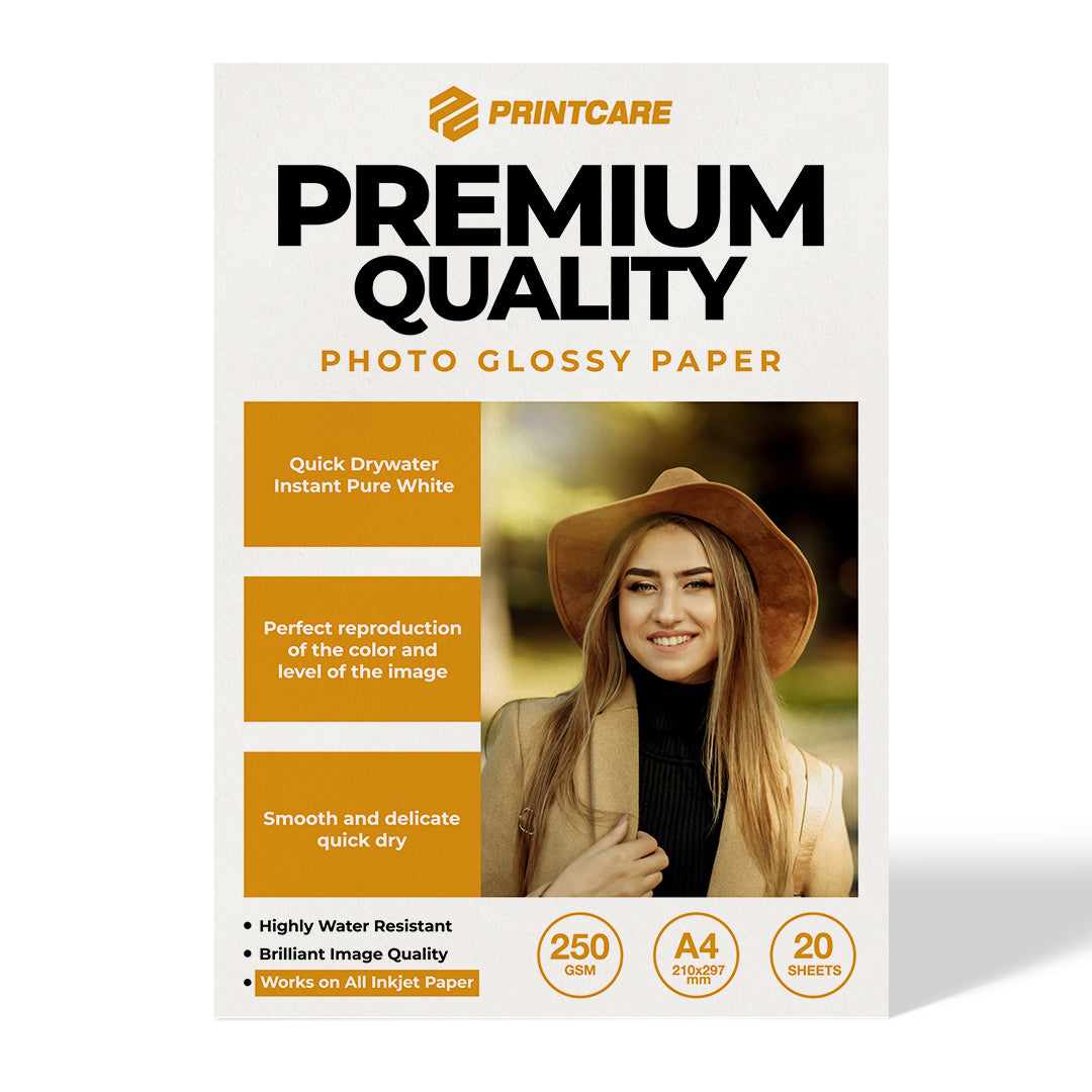 Print Care Premium Quality Photo – A4/ Glossy Paper/ 250 GSM/ 20 Sheets/ Water Resistant/ Inkjet Photo Paper