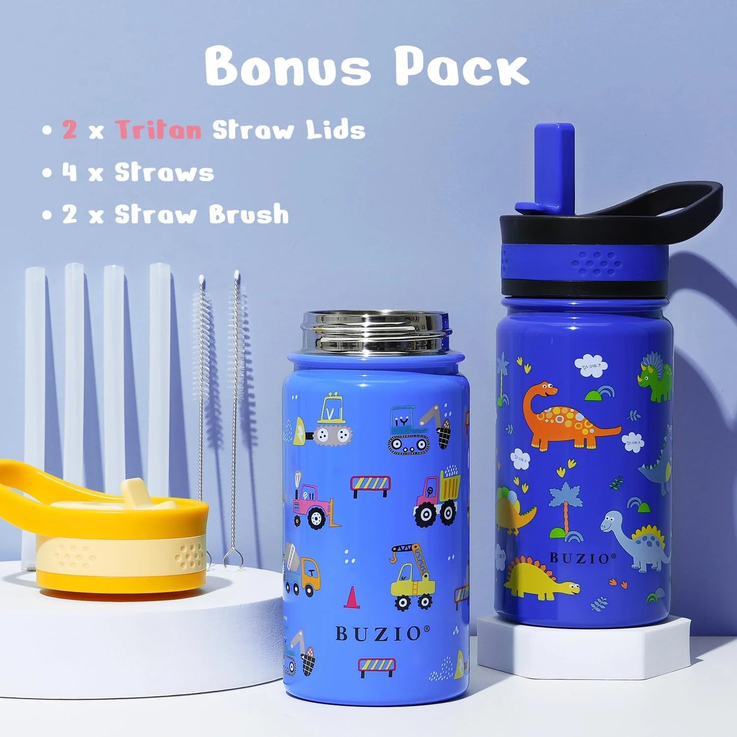 Buzio Kids Insulated Water Bottle with Straw Lid 2 Pack 500ml - Cars and Dinosaur | IT Care Kuwait