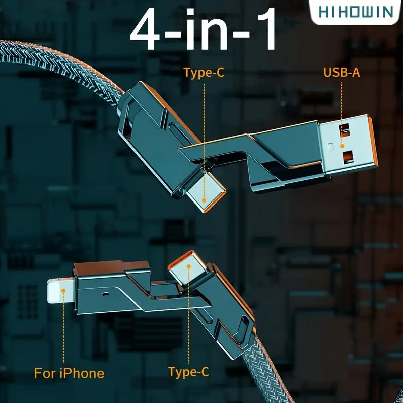 كابل بيانات USB 4 في 1: شحن سريع USB من النوع C بقدرة 100 واط لهواتف iPhone 14 و13 Pro Max وSamsung وXiaomi - كابل شاحن لهواتف Android