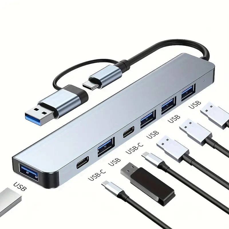 7-in-1 Aluminum USB-C Hub Adapter - 1 USB 3.0, 4 USB 2.0, 2 USB-C Ports Splitter