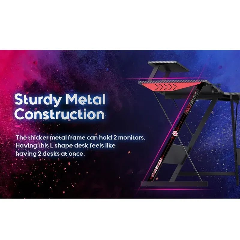 GAMEON L - Shaped Slayer I Series Gaming Desk (Size: 129*129*74cm & Table top 80*46cm) With Headset Hook, Cup Holder & Accessories Stand - BlackIT CareGaming Desk