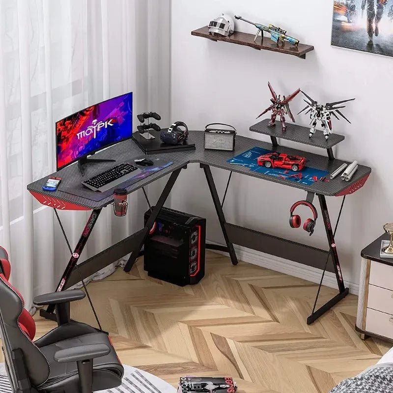 GAMEON L - Shaped Slayer I Series Gaming Desk (Size: 129*129*74cm & Table top 80*46cm) With Headset Hook, Cup Holder & Accessories Stand - BlackIT CareGaming Desk